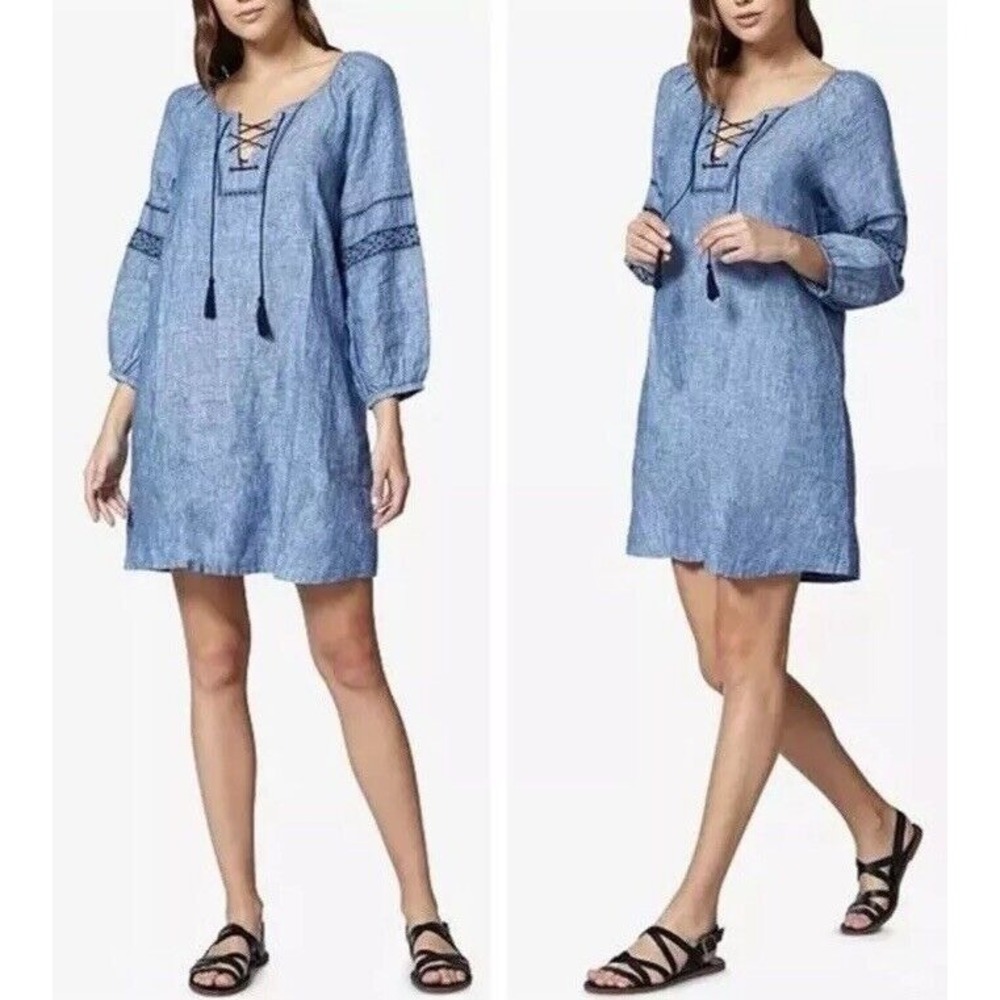 Sanctuary Mirabell Blue Denim Linen Shift Embroidered Lace‎ up Dress Large NWT